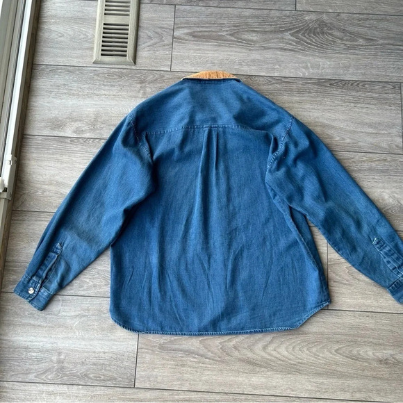 Vintage 90s Rhythm  Blue Removable Embroidery Collar Chambray Button Down Shirt - Picture 14 of 16